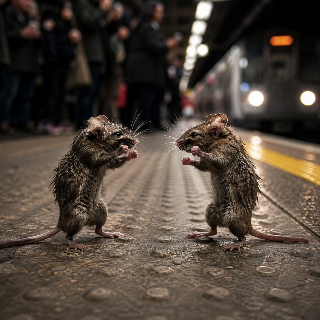 Two mice boxing on a subway platform