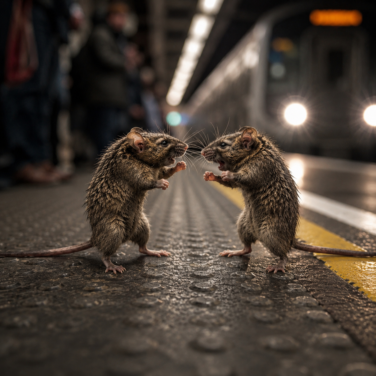 Two mice squaring up near a train