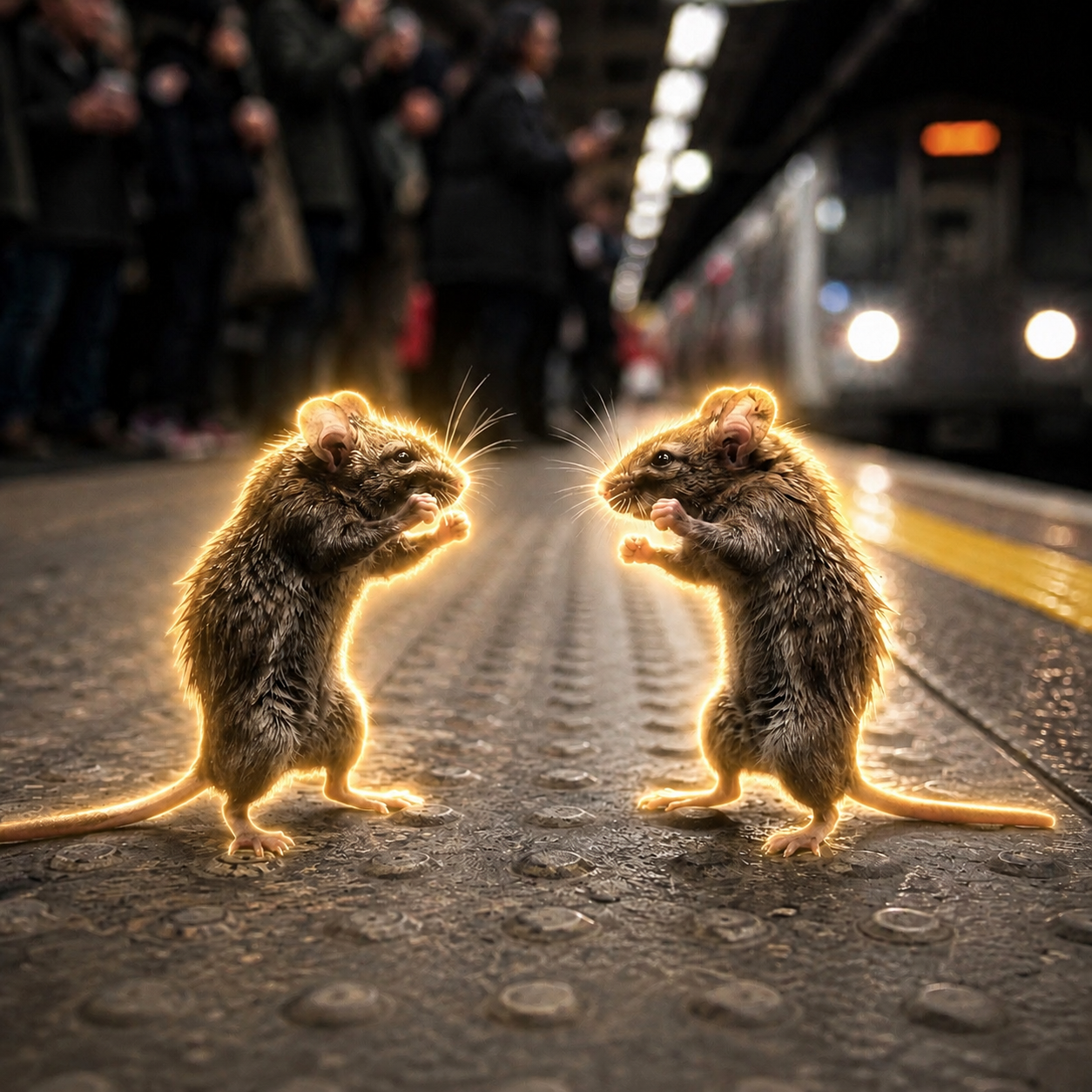 Two mice outlined in gold on a subway platform